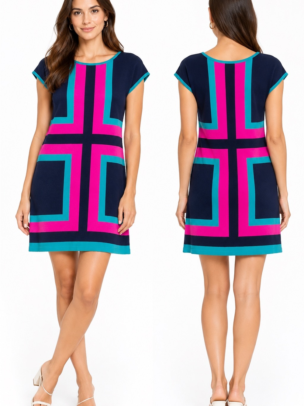 Lilly Pulitzer Navy Shift Dress with Pink & Teal Geometric Blocks size Medium